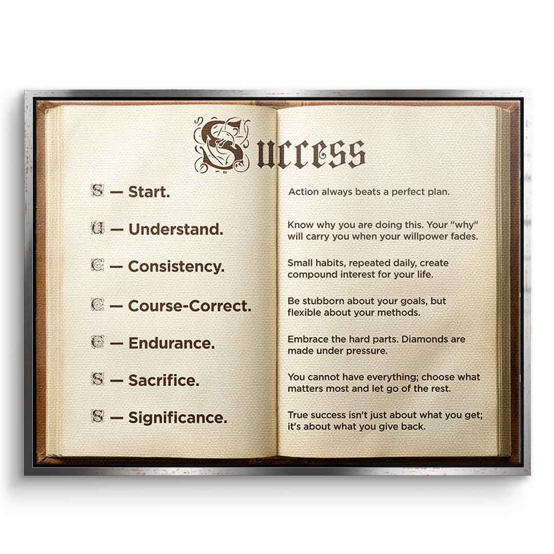 DOTCOMCANVAS® Success book Leinwandbild – Vorderansicht goldener Rahmen