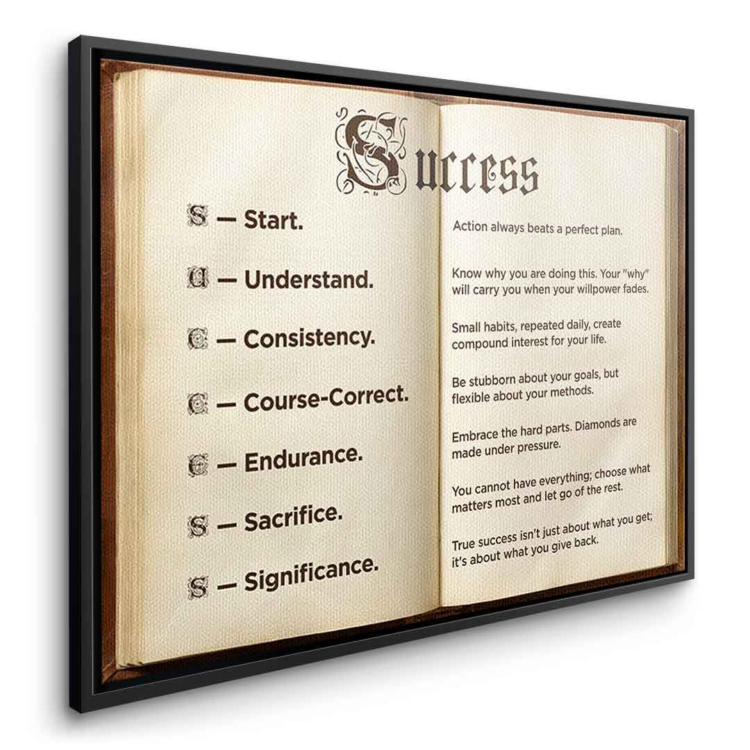 DOTCOMCANVAS® Success book Leinwandbild – Seitenansicht schwarzer Rahmen