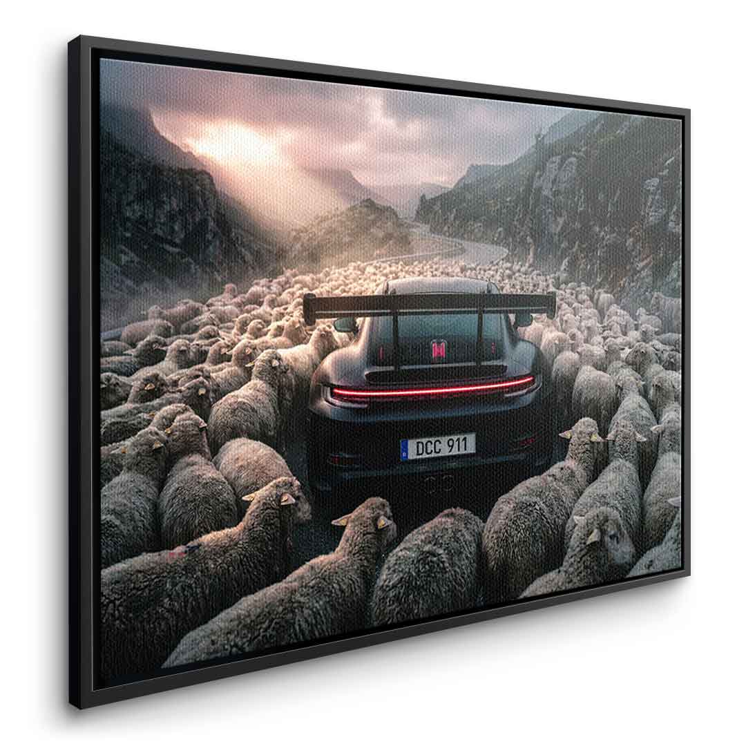Porshe & Sheeps Leinwandbild Detail Rahmenkante schwarz