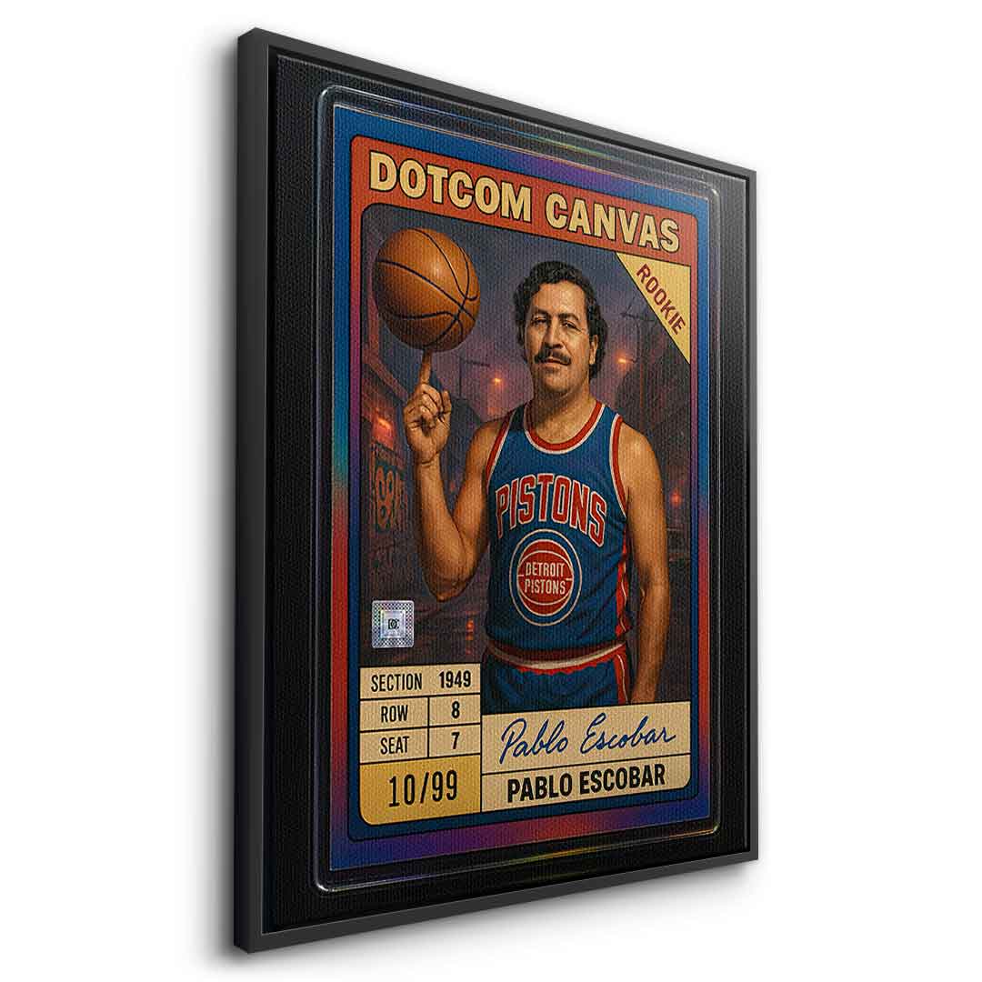 DOTCOMCANVAS Pablo Escobar Basketball Card Leinwandbild Pop Art Weiß gerahmt Seitenansicht