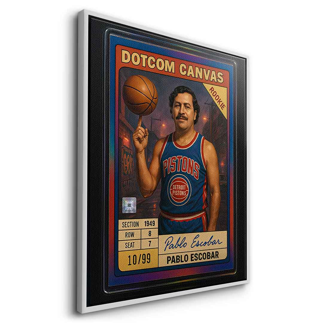 DOTCOMCANVAS Pablo Escobar Basketball Card Leinwandbild Pop Art Silber gerahmt Seitenansicht