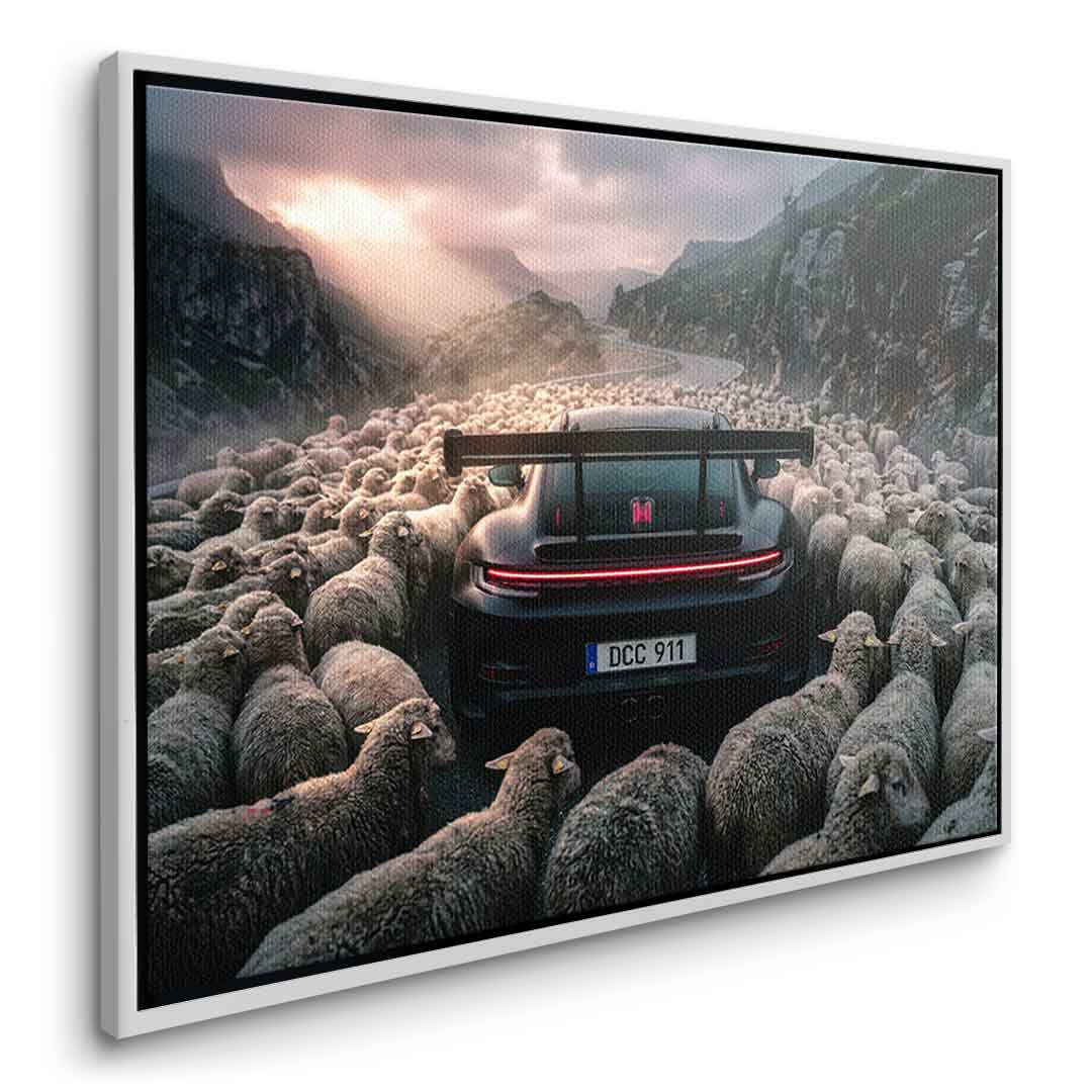 Porshe & Sheeps Leinwandbild Detail Rahmenkante silber
