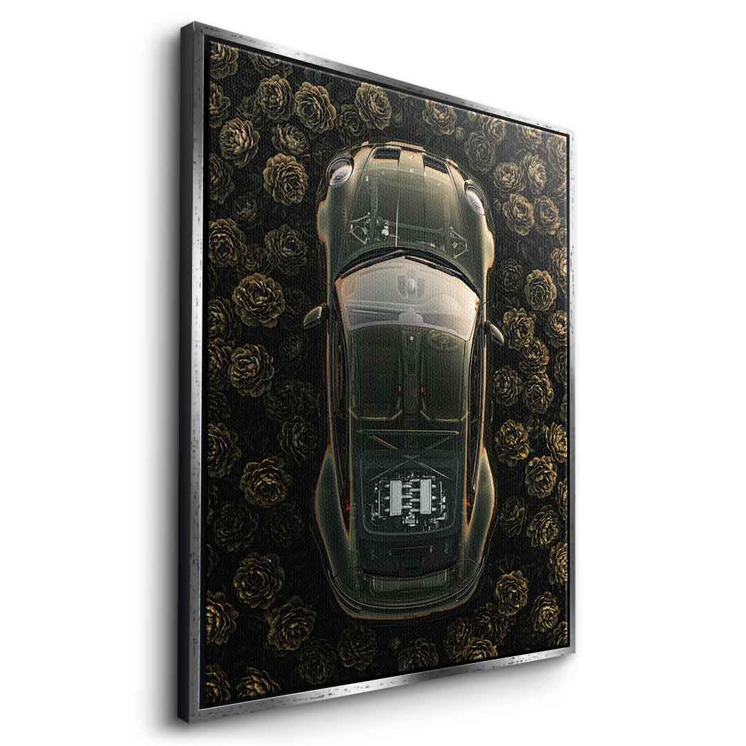 DOTCOMCANVAS® Porsche in flowers Leinwandbild – Seitenansicht weißer Rahmen