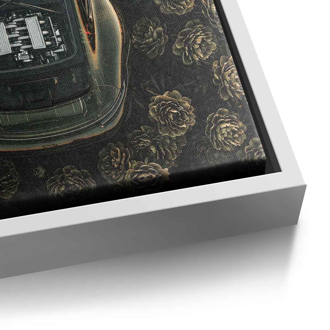 DOTCOMCANVAS® Porsche in flowers Leinwandbild – Detailansicht weißer Rahmen
