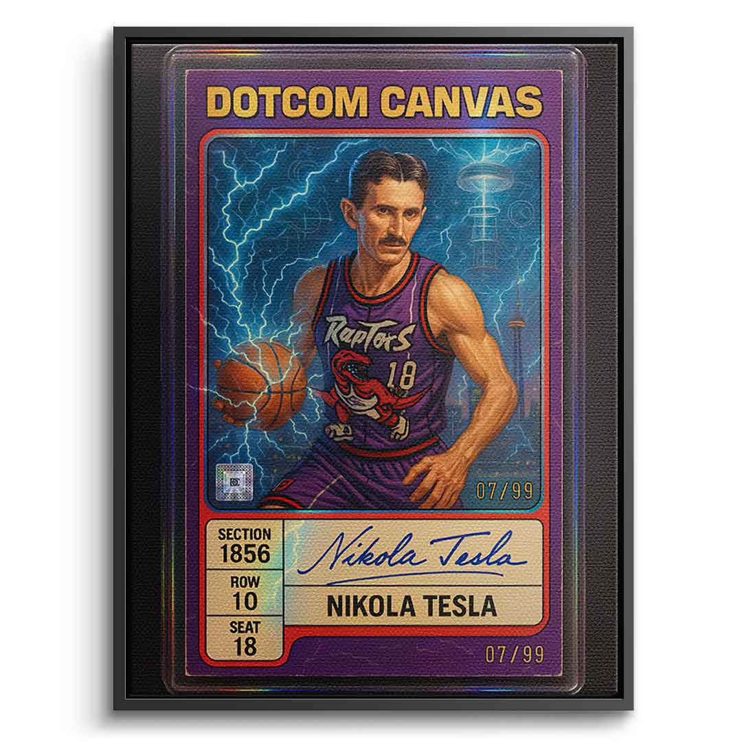 DOTCOMCANVAS Leinwandbild Nikola Tesla Basketball Card Frontansicht mit schwarzem Premium Rahmen