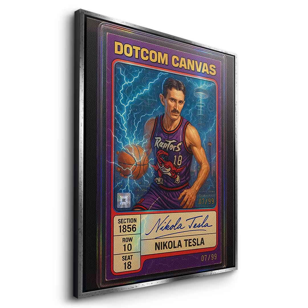 DOTCOMCANVAS Leinwandbild Nikola Tesla Basketball Card Seitenansicht mit silbernem Rahmen