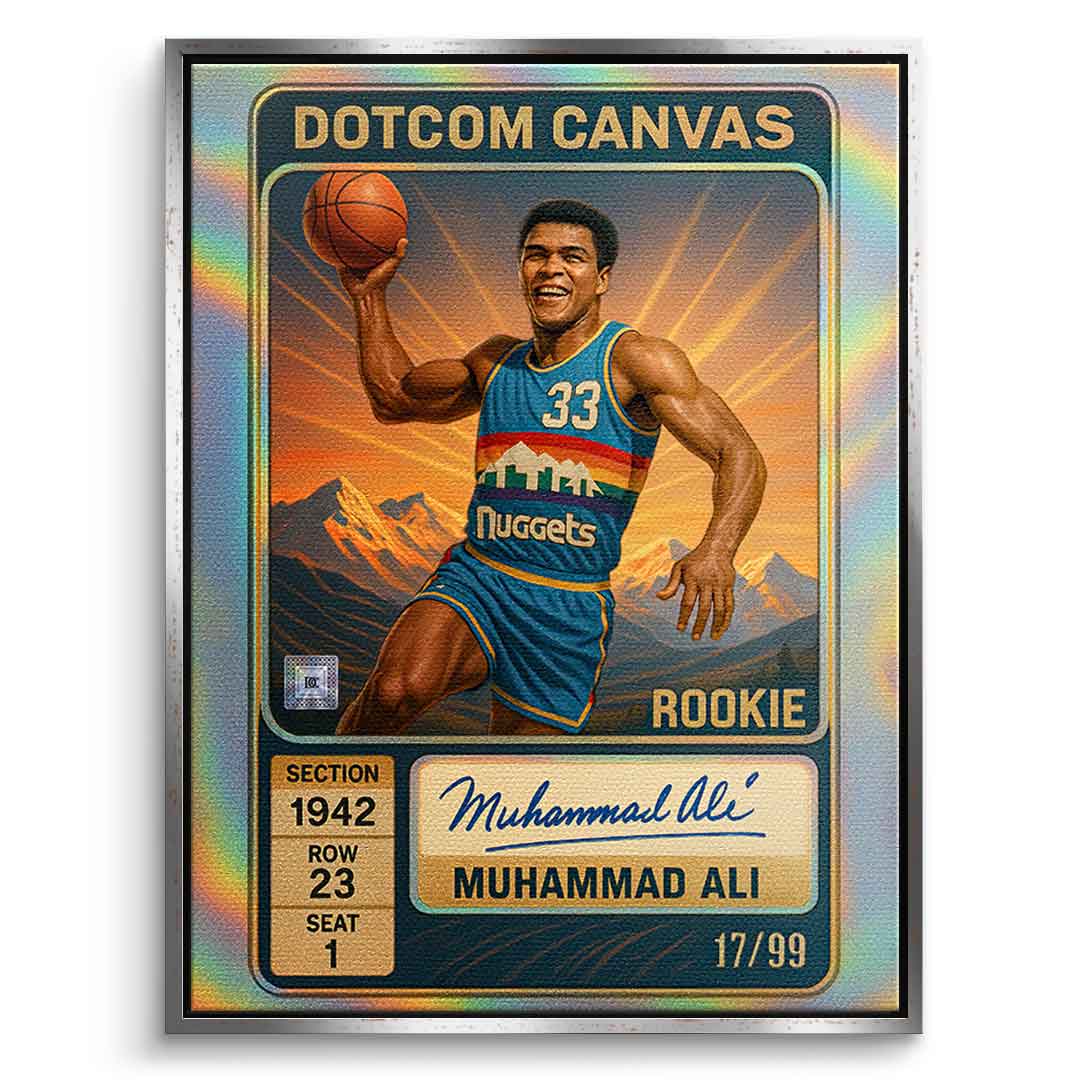 DOTCOMCANVAS Muhammad Ali Basketball Card Leinwandbild Pop Art Silber gerahmt Frontansicht