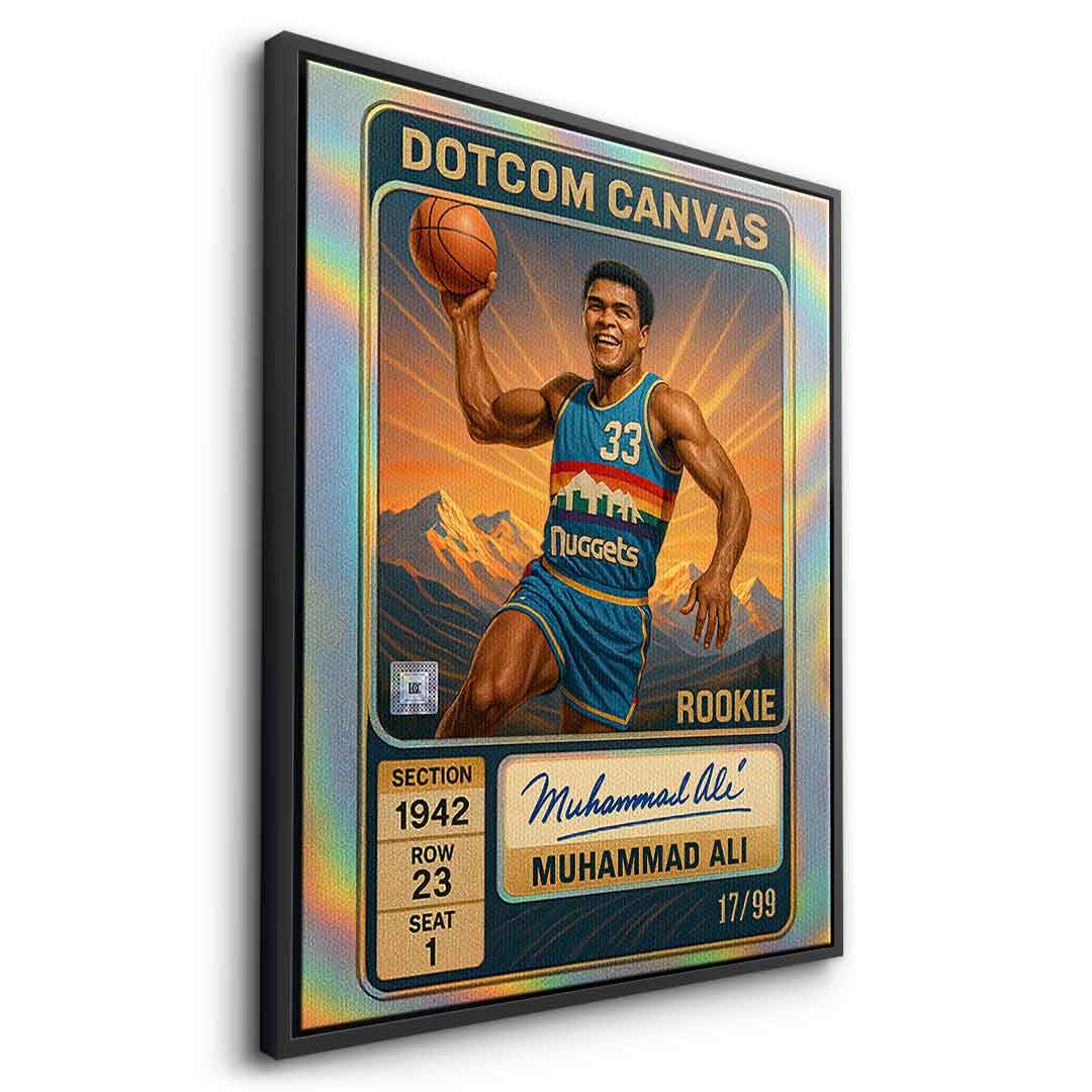 DOTCOMCANVAS Muhammad Ali Basketball Card Leinwandbild Pop Art Weiß gerahmt Seitenansicht