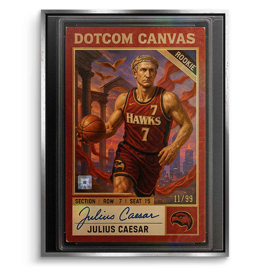 DOTCOMCANVAS Julius Caesar Basketball Card Leinwandbild Pop Art – Frontansicht mit Silber Rahmen
