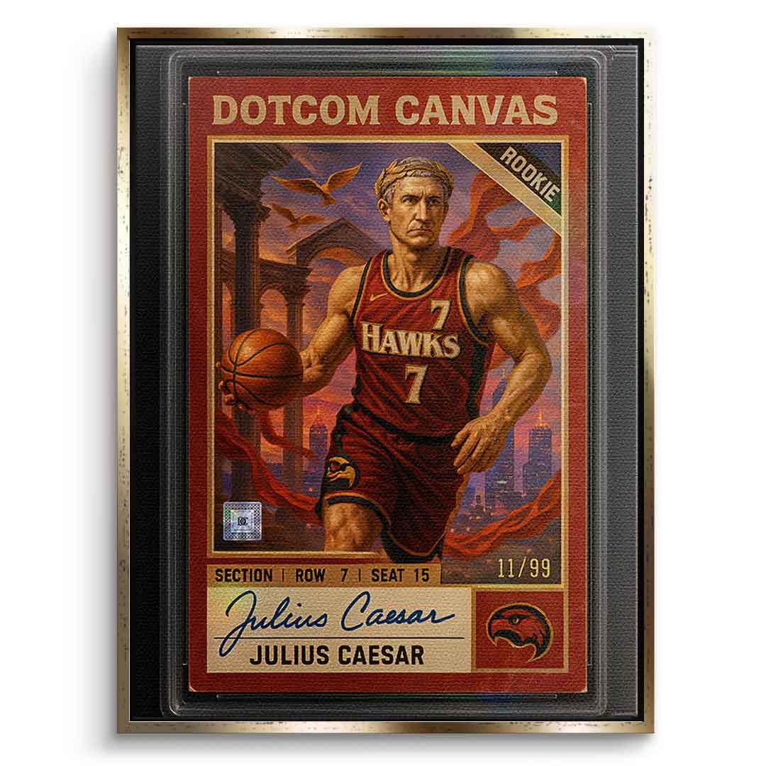 DOTCOMCANVAS Julius Caesar Basketball Card Leinwandbild Pop Art – Frontansicht mit Gold Rahmen