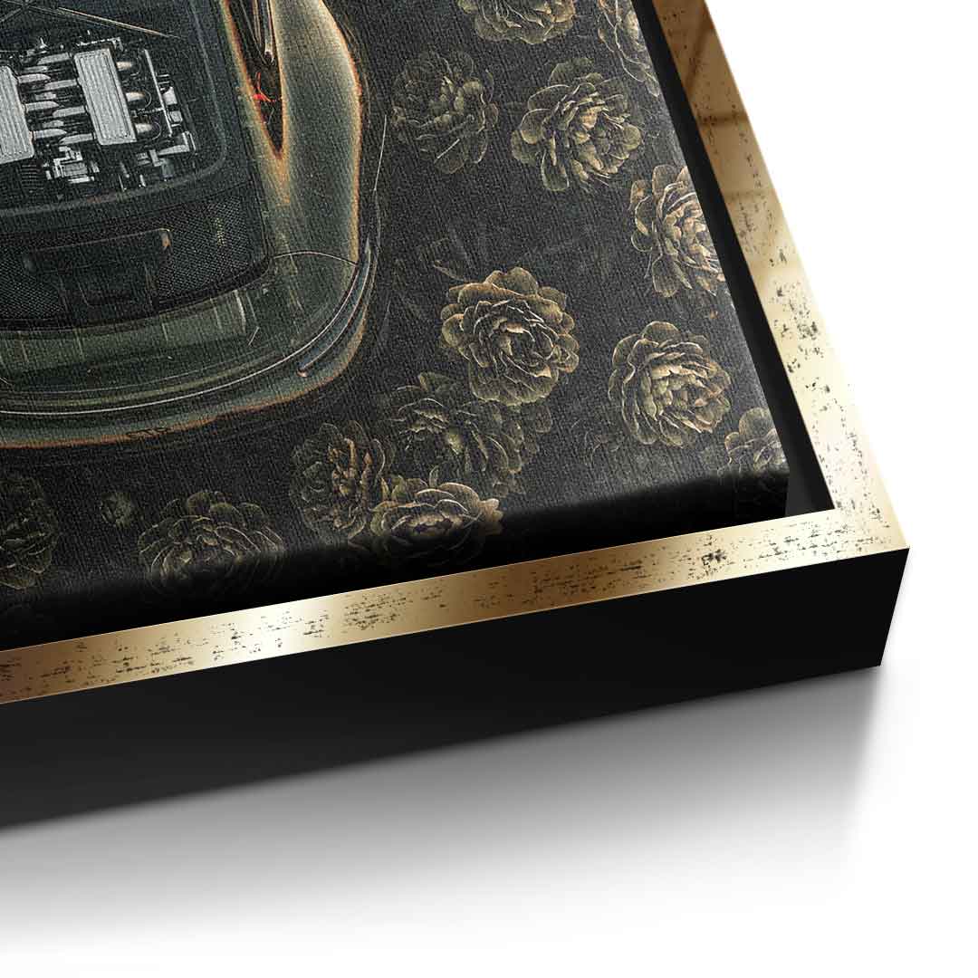 DOTCOMCANVAS® Porsche in flowers Leinwandbild – Detailansicht goldener Rahmen