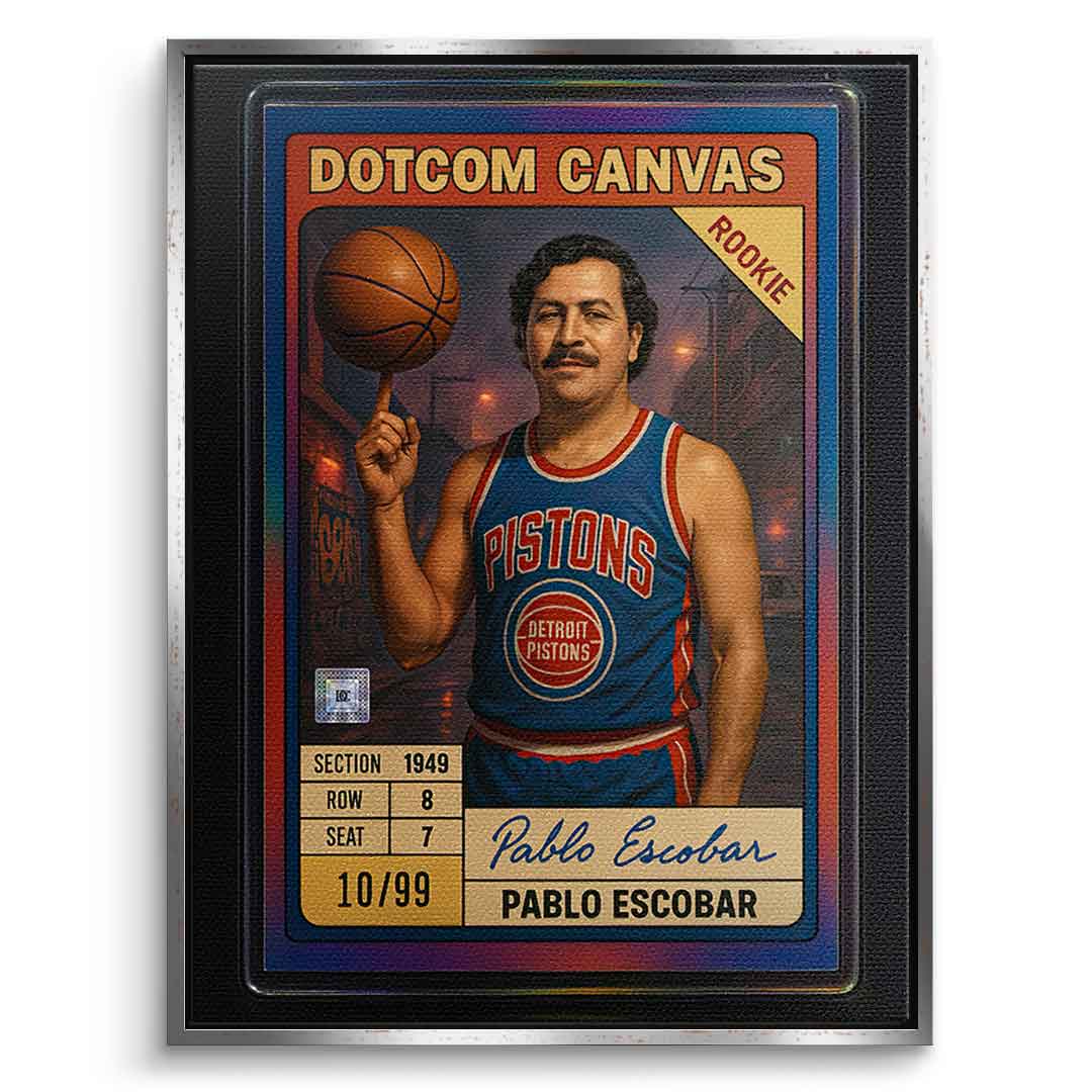 DOTCOMCANVAS Pablo Escobar Basketball Card Leinwandbild Pop Art Silber gerahmt Frontansicht