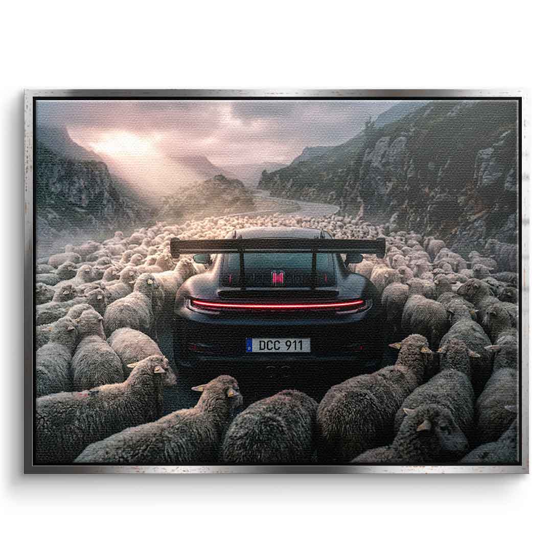 Porshe & Sheeps Leinwandbild mit goldenem Rahmen