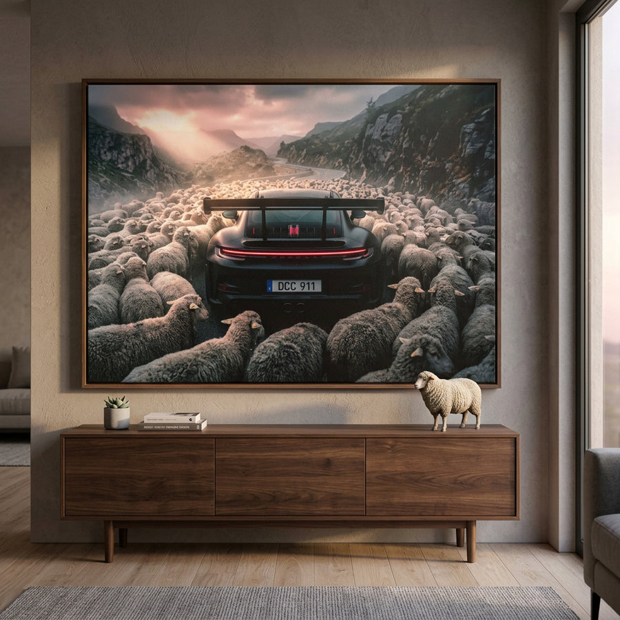 Porshe & Sheeps Leinwandbild im Wohnraum als Wanddekoration