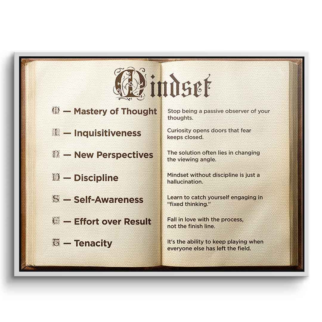 DOTCOMCANVAS® Mindset book Leinwandbild – Vorderansicht weißer Rahmen