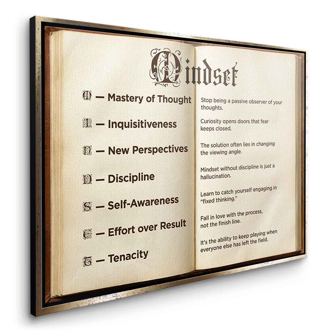 DOTCOMCANVAS® Mindset book Leinwandbild – Seitenansicht weißer Rahmen