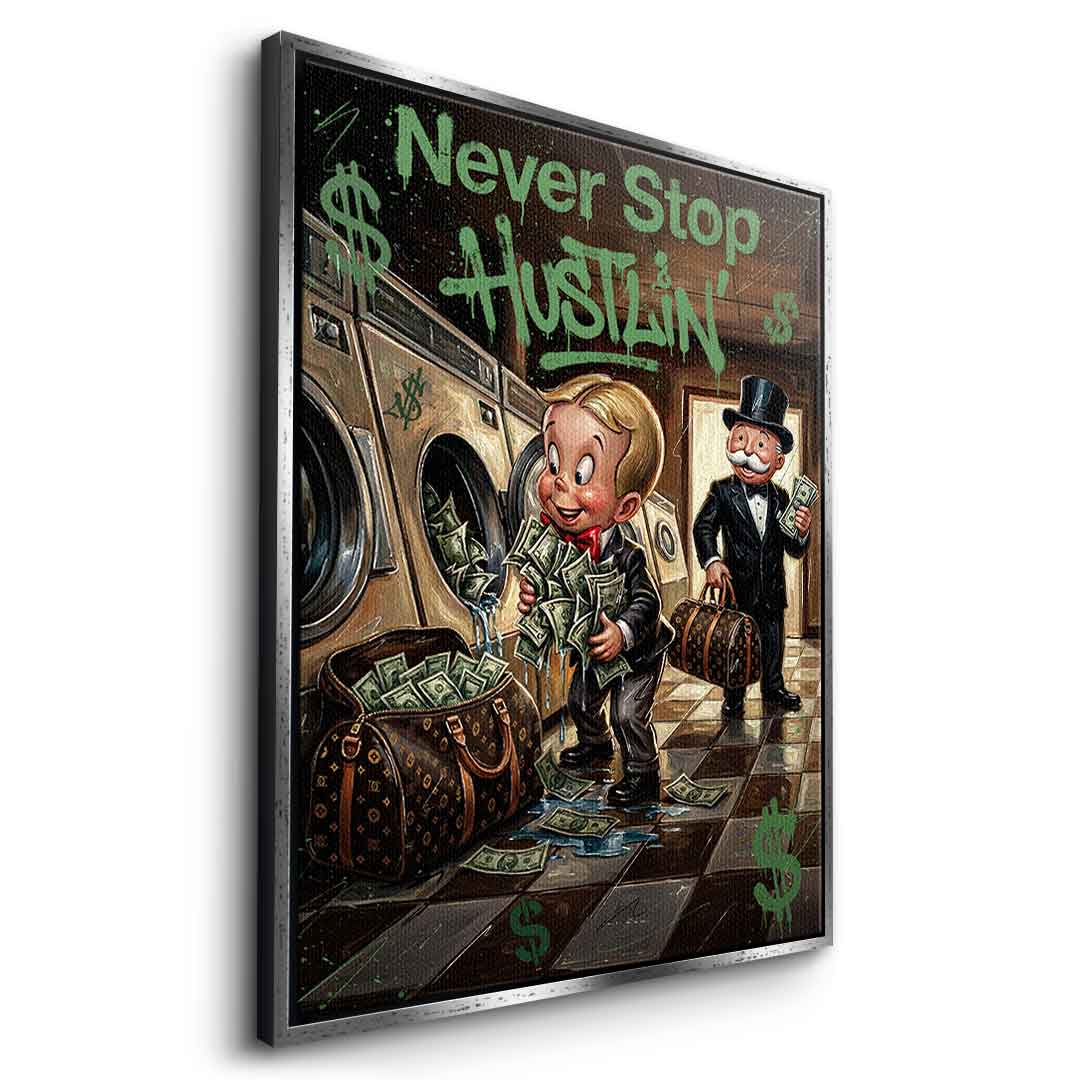 DOTCOMCANVAS® Never Stop Hustlin Leinwandbild – Seitenansicht weißer Rahmen