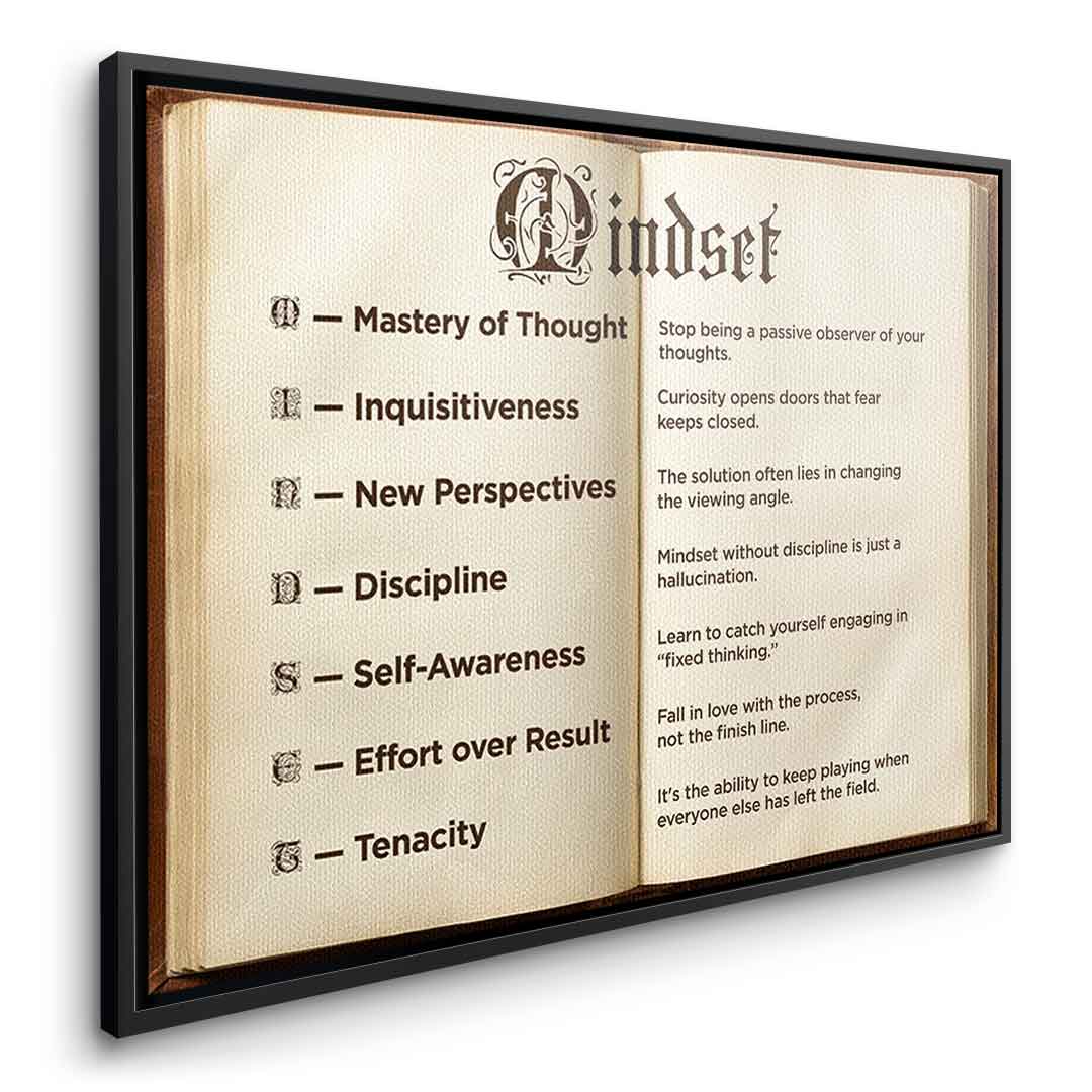DOTCOMCANVAS® Mindset book Leinwandbild – Seitenansicht schwarzer Rahmen