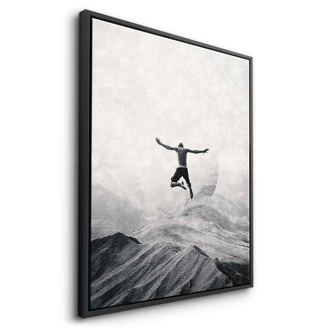 DOTCOMCANVAS® Jump in with both feet Leinwandbild – Seitenansicht schwarzer Rahmen