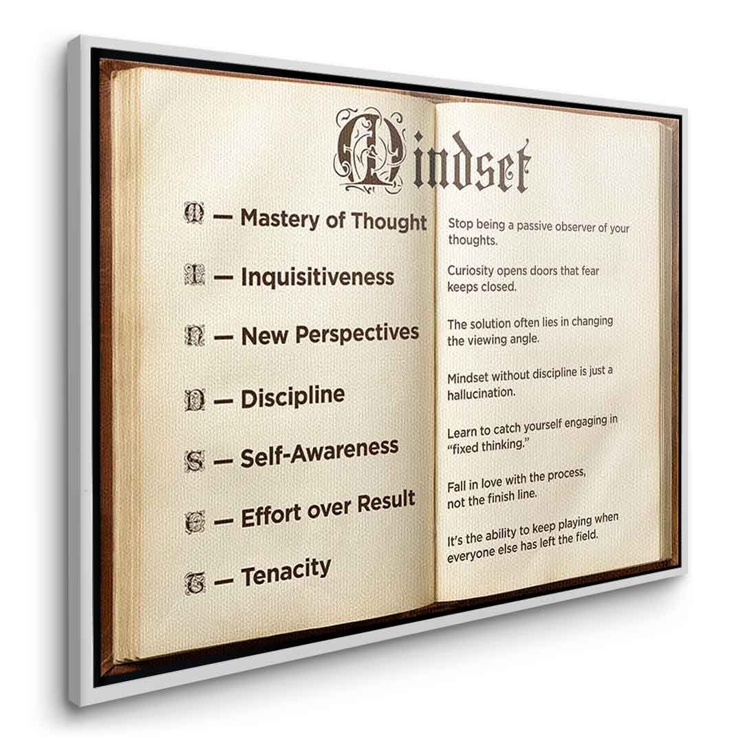 DOTCOMCANVAS® Mindset book Leinwandbild – Seitenansicht silberner Rahmen