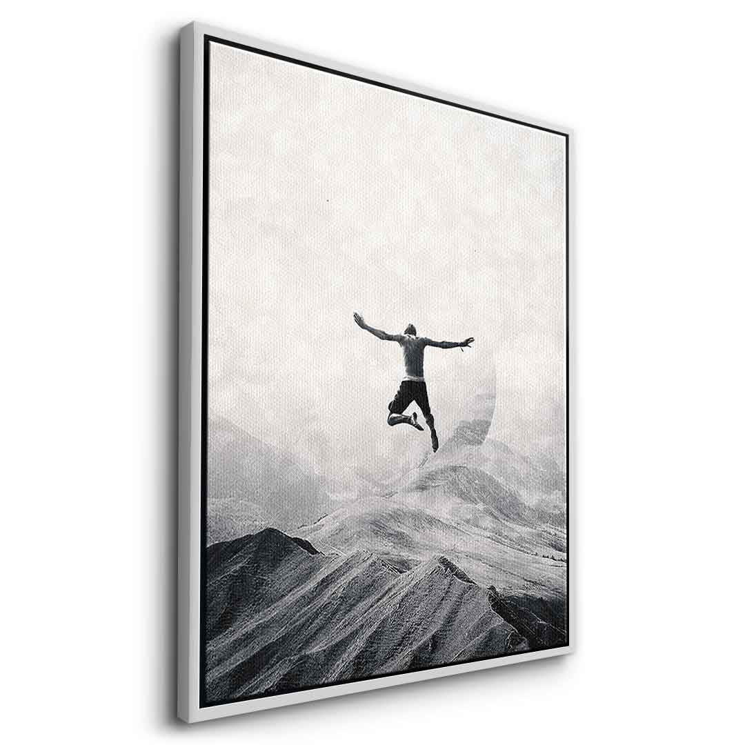 DOTCOMCANVAS® Jump in with both feet Leinwandbild – Seitenansicht silberner Rahmen