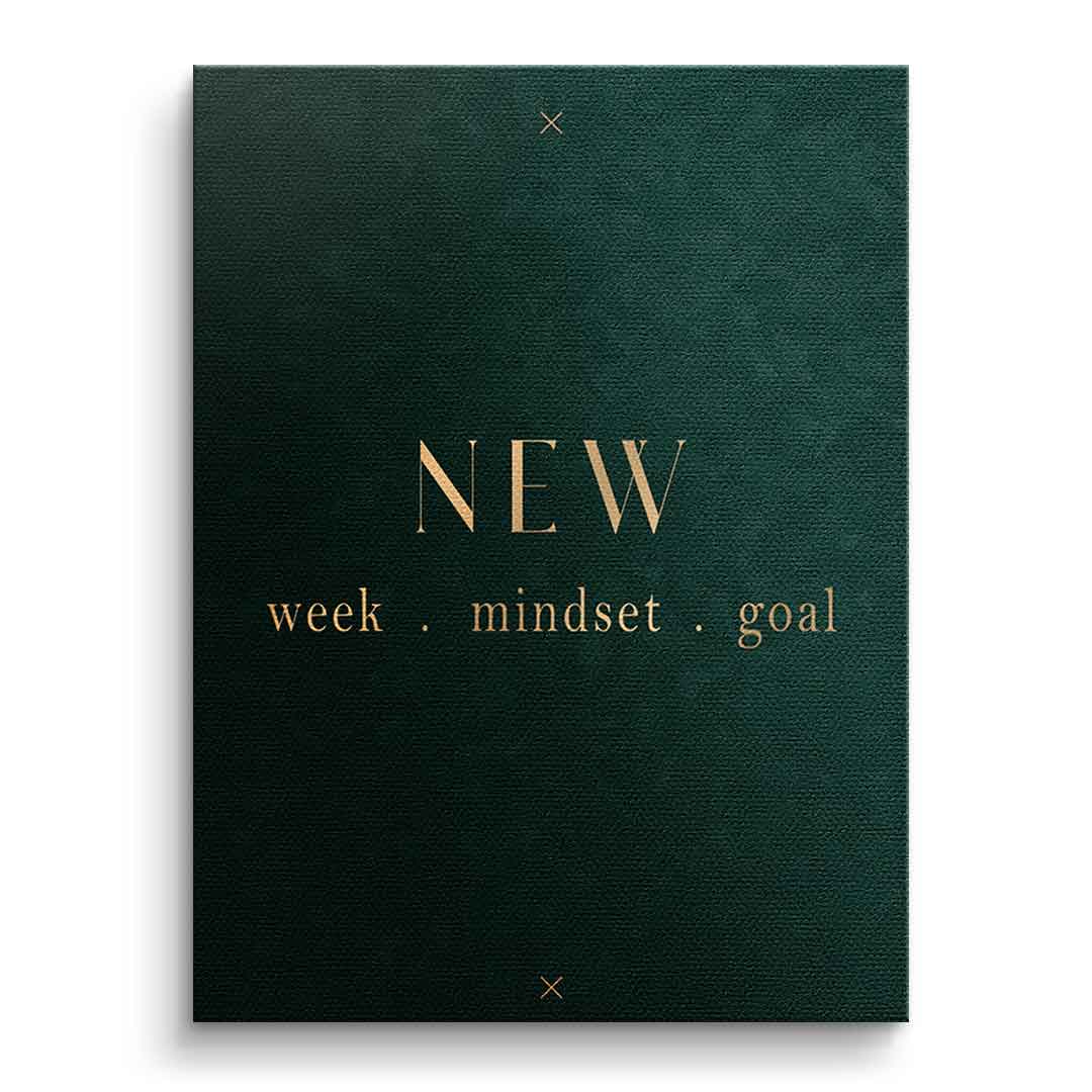 DOTCOMCANVAS NEW week, mindset, goal – motivierendes Typografie-Wandbild, goldene Serifen-Schrift auf dunkelgrünem Hintergrund – Leinwandbild Ansicht 1