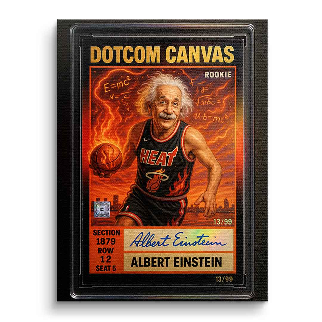 DOTCOMCANVAS Albert Einstein Basketball Card Pop Art Wandbild Leinwandbild Frontansicht ohne Rahmen – Albert Einstein als Miami-Heat-Rookie-Sammelkarte
