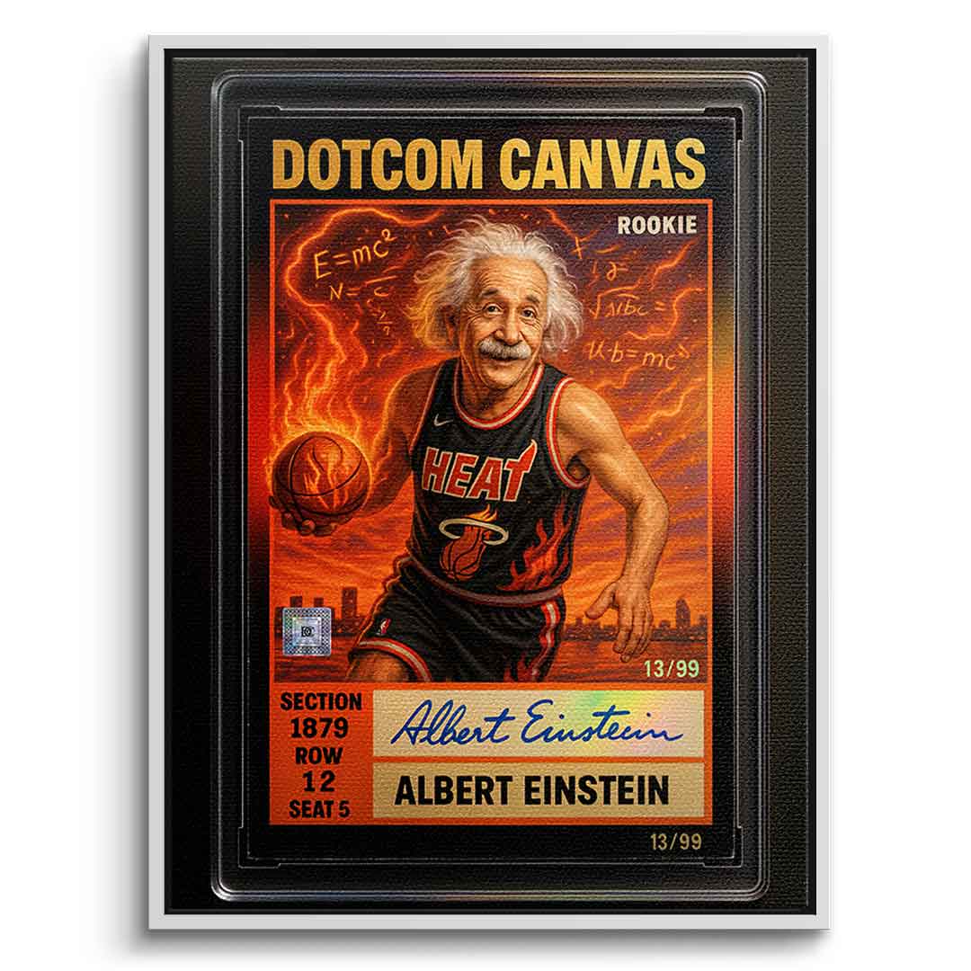 DOTCOMCANVAS Albert Einstein Basketball Card Pop Art Wandbild Leinwandbild Frontansicht mit weißem Rahmen