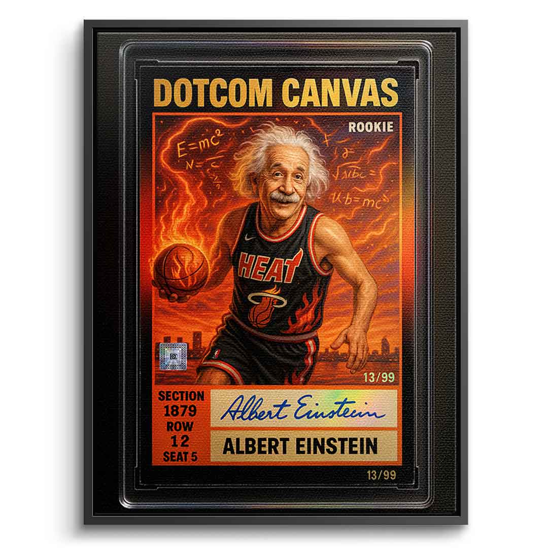 DOTCOMCANVAS Albert Einstein Basketball Card Pop Art Wandbild Leinwandbild Frontansicht mit schwarzem Rahmen