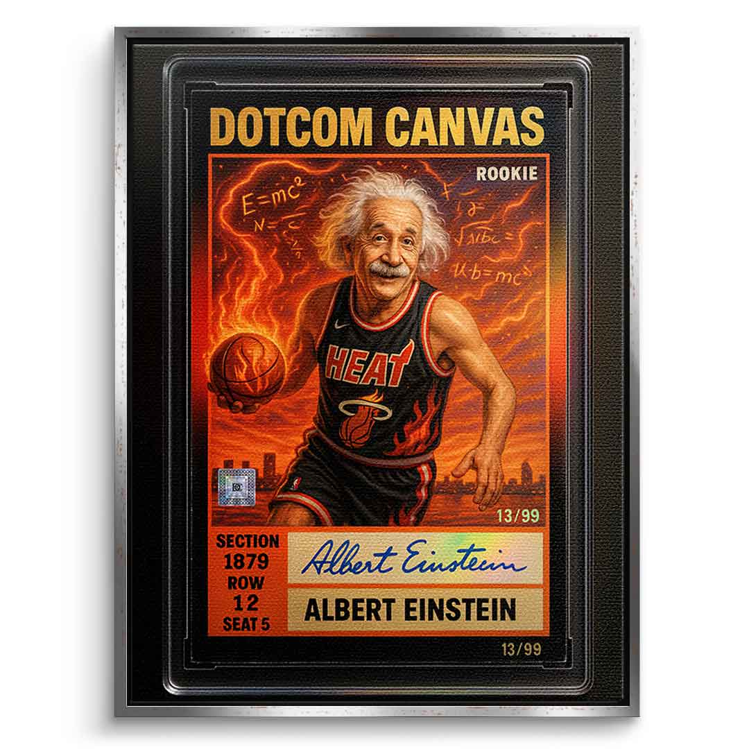 DOTCOMCANVAS Albert Einstein Basketball Card Pop Art Wandbild Leinwandbild Frontansicht mit silbernem Rahmen