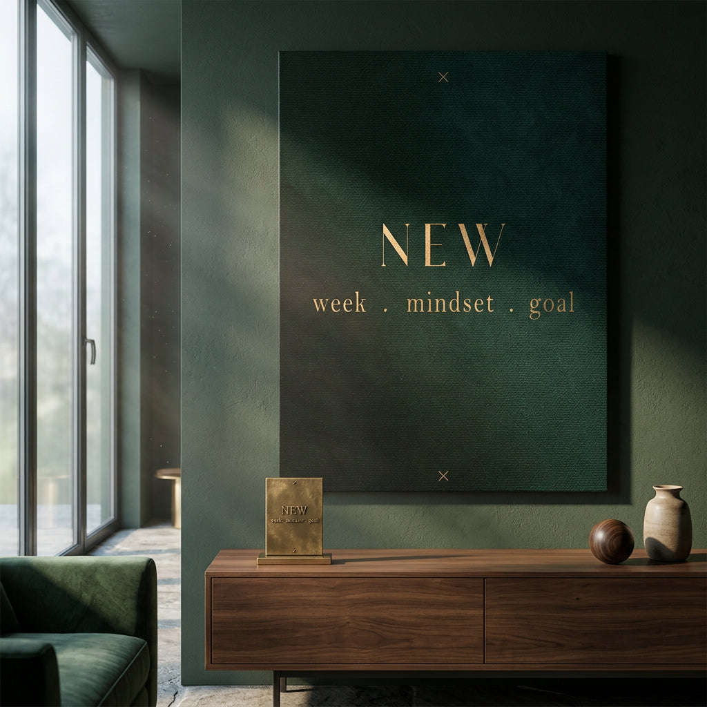 DOTCOMCANVAS NEW week, mindset, goal – motivierendes Typografie-Wandbild, goldene Serifen-Schrift auf dunkelgrünem Hintergrund – Leinwandbild Ansicht 2
