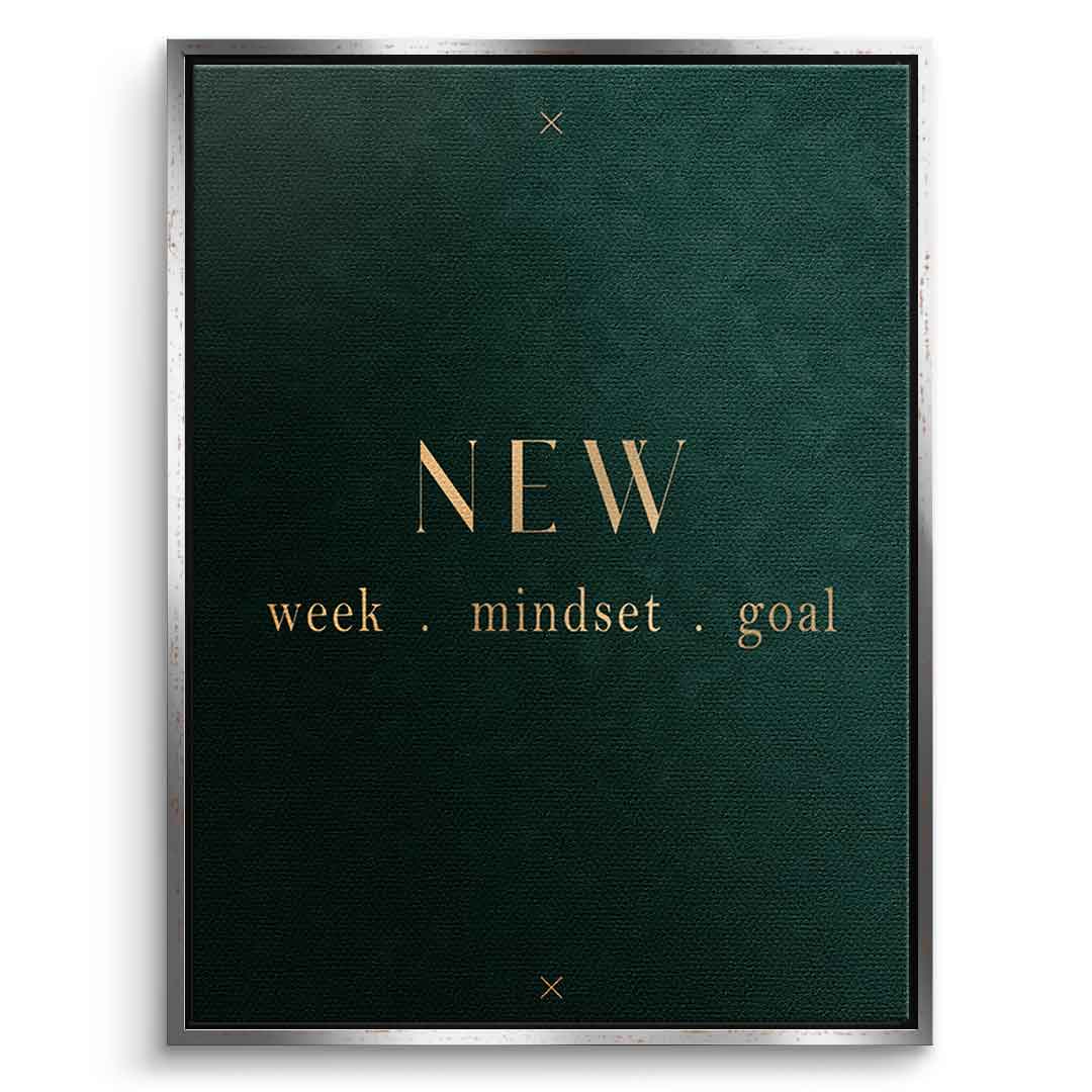 DOTCOMCANVAS NEW week, mindset, goal – motivierendes Typografie-Wandbild, goldene Serifen-Schrift auf dunkelgrünem Hintergrund – Leinwandbild Ansicht 5