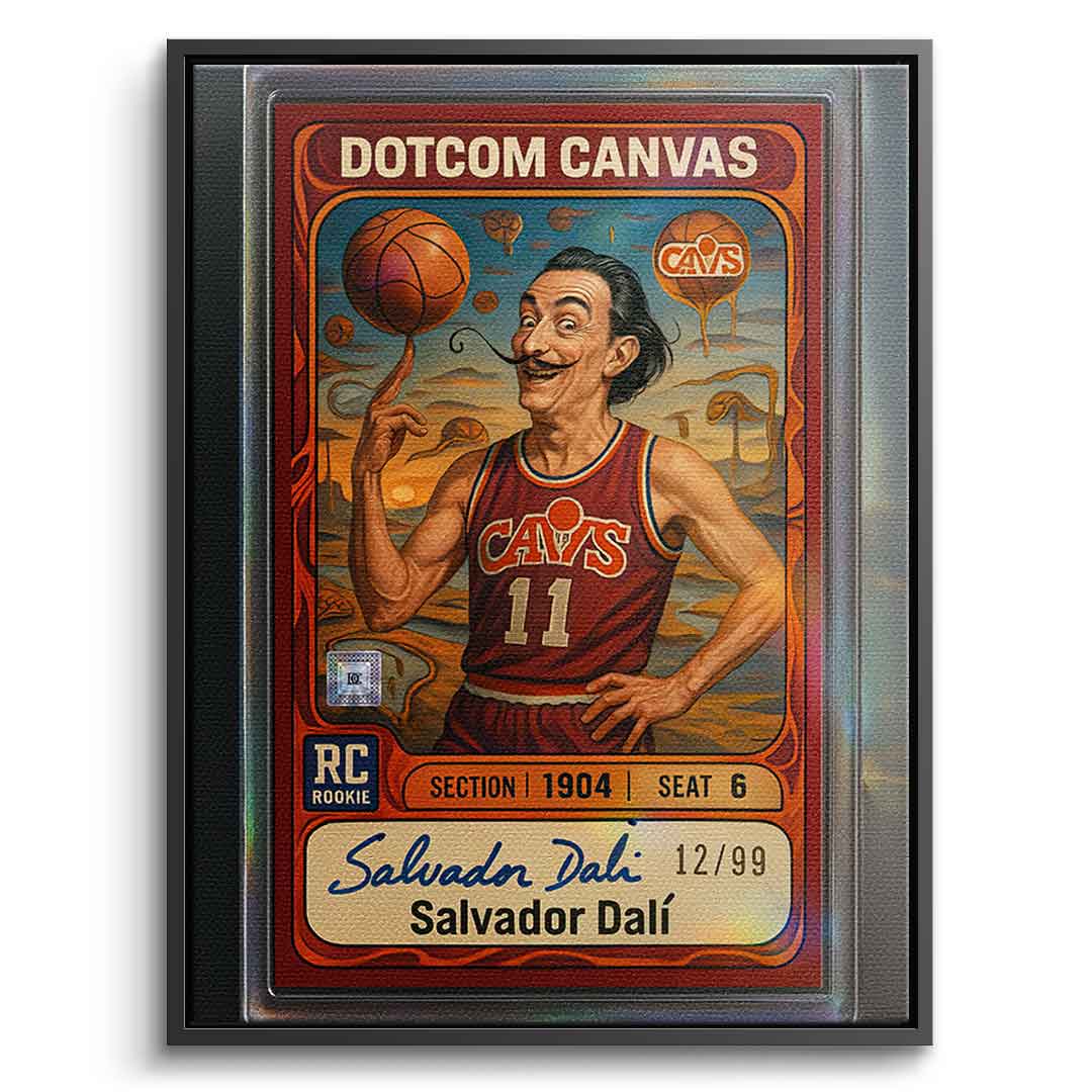 DOTCOMCANVAS® Salvador Dali Basketball Card Leinwandbild – Frontansicht mit schwarzem Premium-Rahmen
