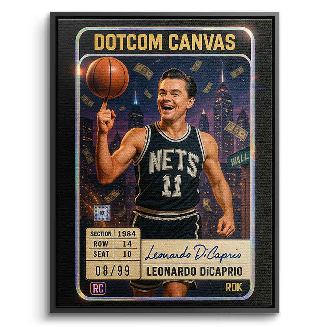 DOTCOMCANVAS Leo Dicaprio Basketball Card Leinwandbild Vorderansicht Schwarzer Rahmen