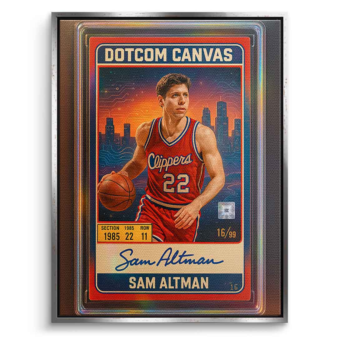 DOTCOMCANVAS Sam Altman Basketball Card Leinwandbild Frontansicht Silber-Rahmen