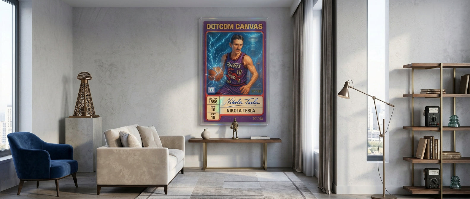 DOTCOMCANVAS® Nikola Tesla Basketball Card Leinwandbild – Website Banner