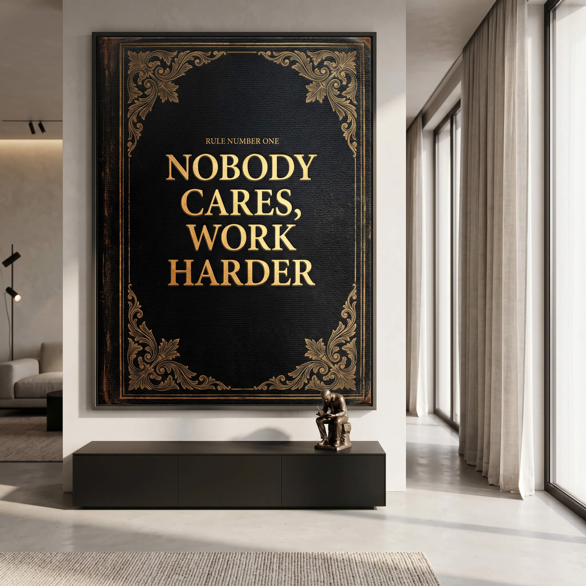 DOTCOMCANVAS® Nobody cares. Work harder Leinwandbild – im Raum