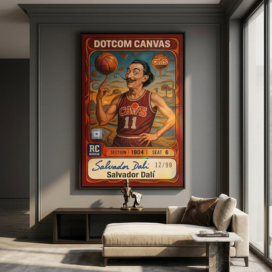 DOTCOMCANVAS® Salvador Dali Basketball Card Leinwandbild – Raum-Mockup im Wohnambiente
