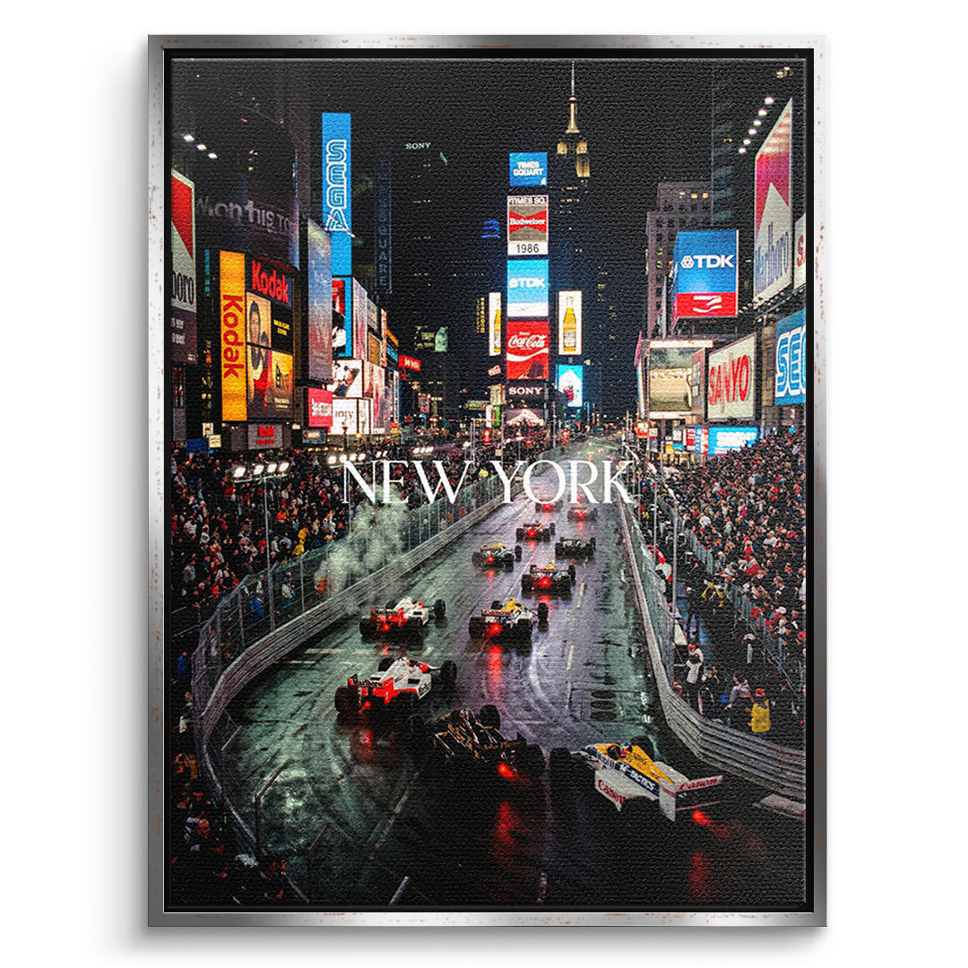 DOTCOMCANVAS New York F1 Leinwandbild Vorderansicht mit Silberrahmen