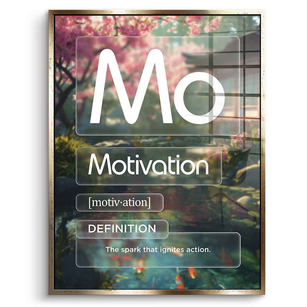 DOTCOMCANVAS® Motivation (Mo) Acrylglasbild Version Farbig – Vorderansicht Silberner Rahmen
