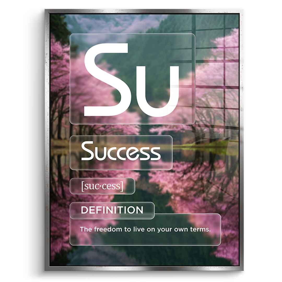 DOTCOMCANVAS® Success (Su) Acrylglasbild Version Farbig – Vorderansicht Weißer Rahmen