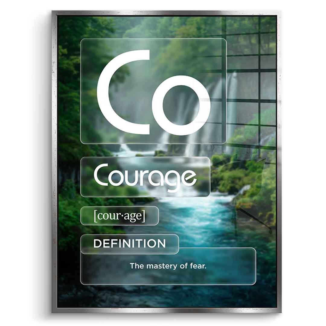 DOTCOMCANVAS® Courage (Co) Acrylglasbild Version Farbig – Vorderansicht Weißer Rahmen