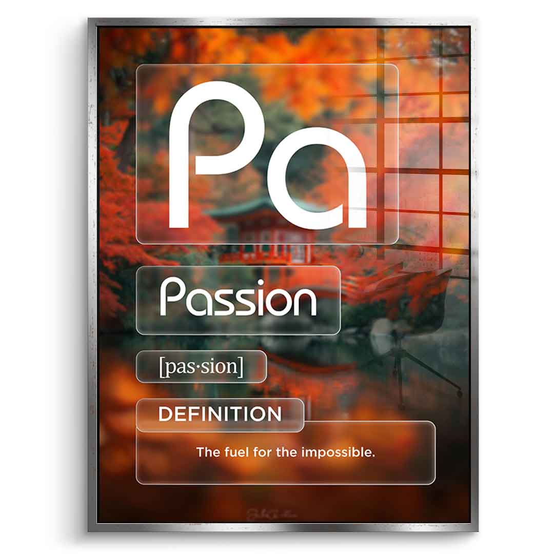 DOTCOMCANVAS® Passion (Pa) Acrylglasbild Version Farbig – Vorderansicht Weißer Rahmen