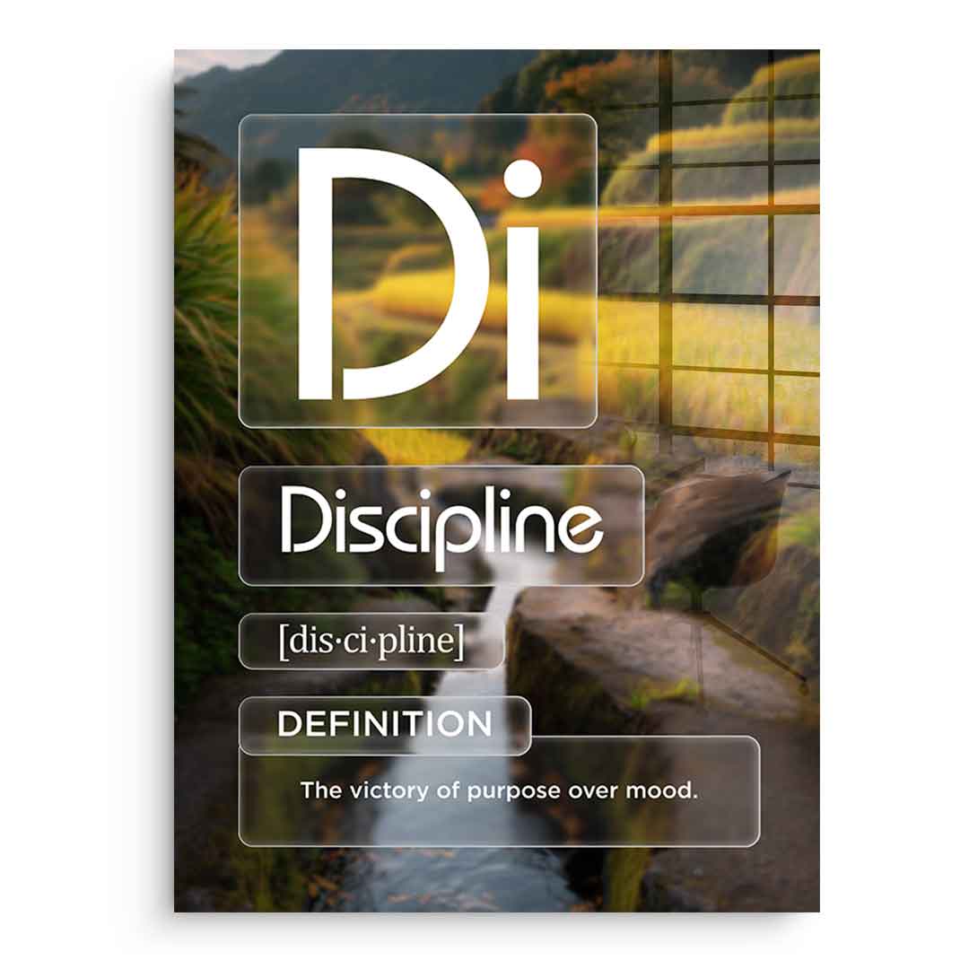 DOTCOMCANVAS® Discipline (Di) Acrylglasbild Version Farbig – Vorderansicht Schwarzer Rahmen