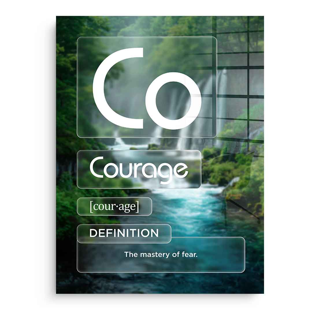 DOTCOMCANVAS® Courage (Co) Acrylglasbild Version Farbig – Vorderansicht Schwarzer Rahmen