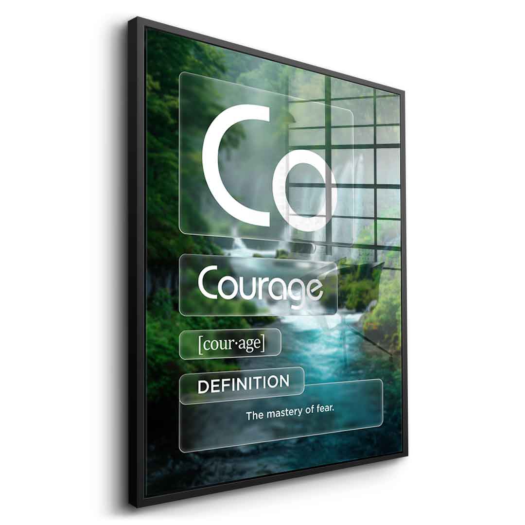 DOTCOMCANVAS® Courage (Co) Acrylglasbild Version Farbig – Vorderansicht Goldener Rahmen