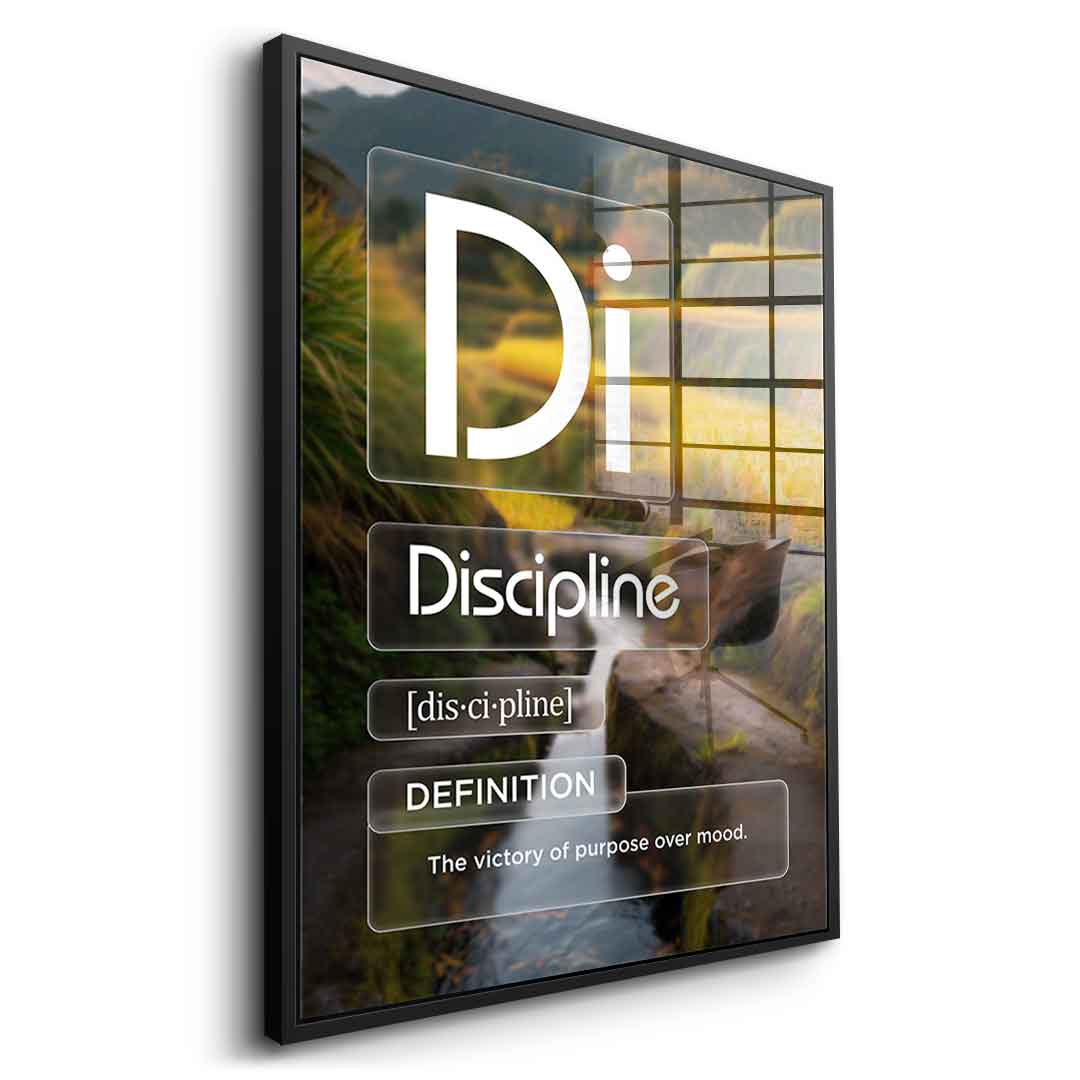 DOTCOMCANVAS® Discipline (Di) Acrylglasbild Version Farbig – Vorderansicht Goldener Rahmen