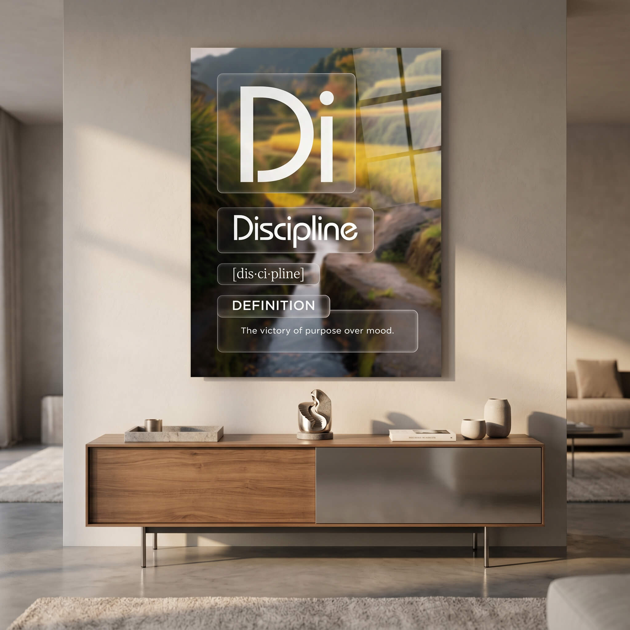 DOTCOMCANVAS® Discipline (Di) Acrylglasbild Version Farbig – Raum-Mockup