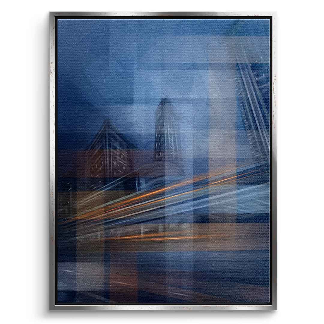 Moving City Glass - Leinwandbild Schwarzer Rahmen