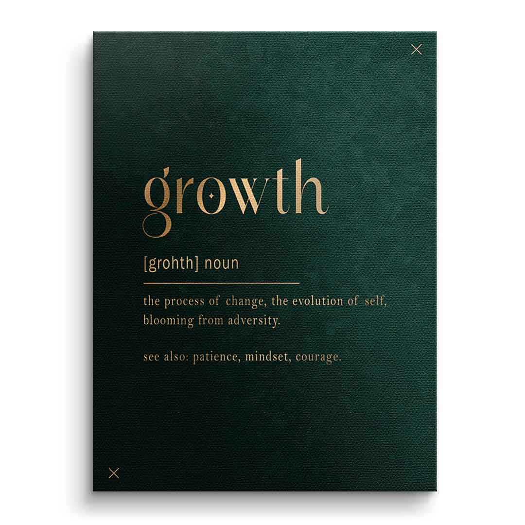 DOTCOMCANVAS Growth Leinwandbild Ohne Rahmen Frontansicht - motivierendes Typografie Wandbild Wörterbuch-Definition growth in Gold auf Dunkelgrün